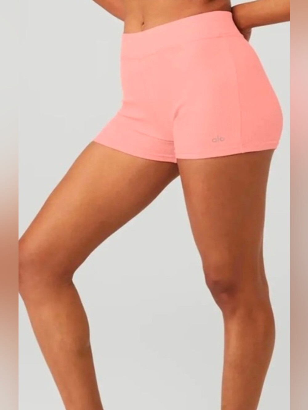 Alo Yoga Goddess Ribbed High Waist Hot Shorts Pink XS Ribbed Activewear - Picture 2 of 8